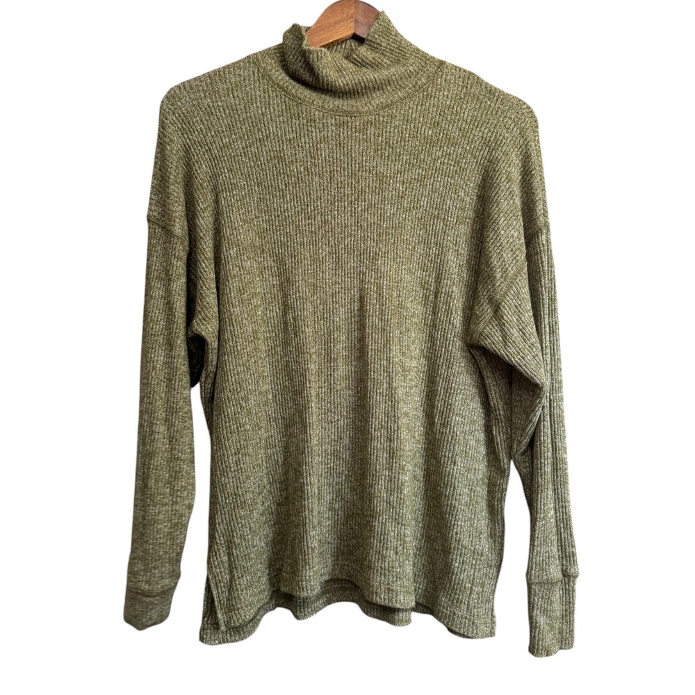 J.Crew Turtleneck Top Women Medium Green Excellent Ribbed Knit Long Sleeve